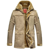 Manteau mi-long en cuir suédé doublé de fausse fourrure pour homme